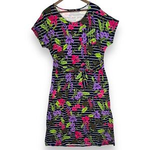 Lands' End Floral Dress Striped Belted Casual Summer Knit Cotton Stretch 14-16 L